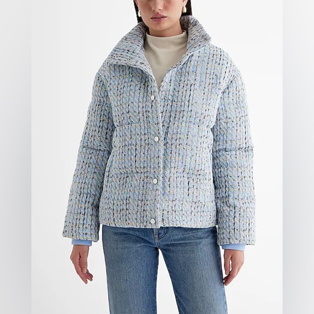 Express Blue Tweed Puffer Jacket